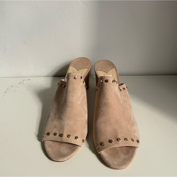Jimmy Choo Myla Suede Studded Mules in Beige - Picture 2 of 4
